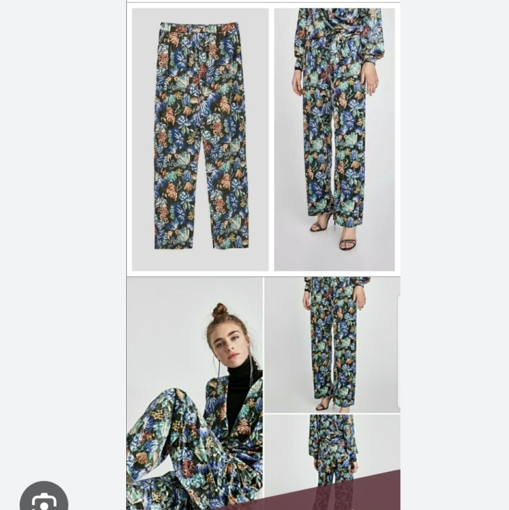 Zara Women's 2 Piece Set Floral Velvet Pants & Wrap Top Size Small